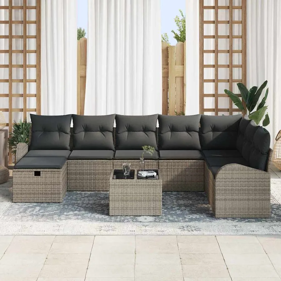 Ensemble de canapé de jardin avec coussin 9 pcs Gris Poly rotin - 3