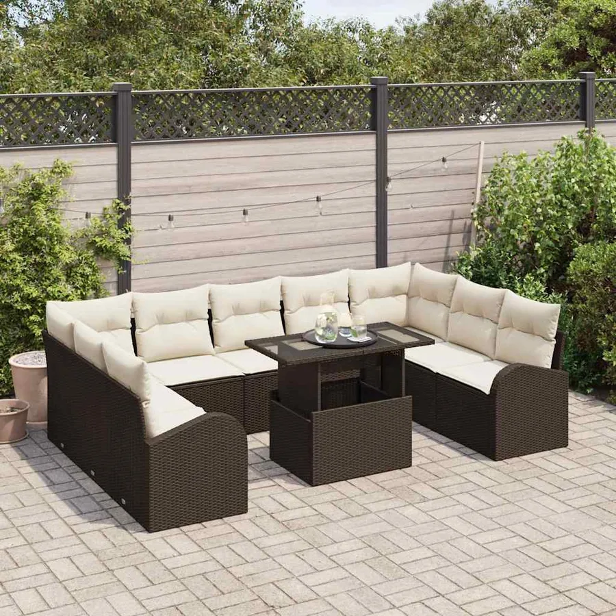 Ensemble de canapé de jardin 10 pcs Marron et Crème polyrotin - 3