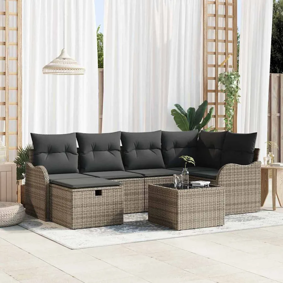 Ensemble de canapé de jardin avec coussin 7 pcs Gris Poly rotin