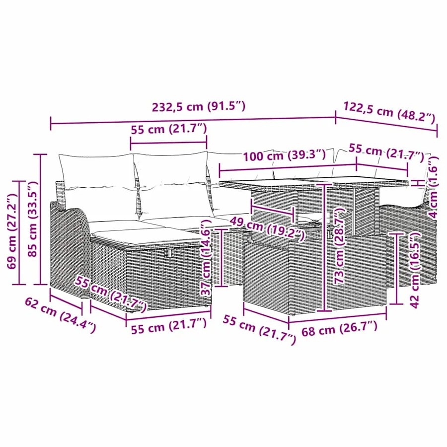 Ensemble de canapé de jardin avec coussin 7 pcs Gris Poly rotin - 17