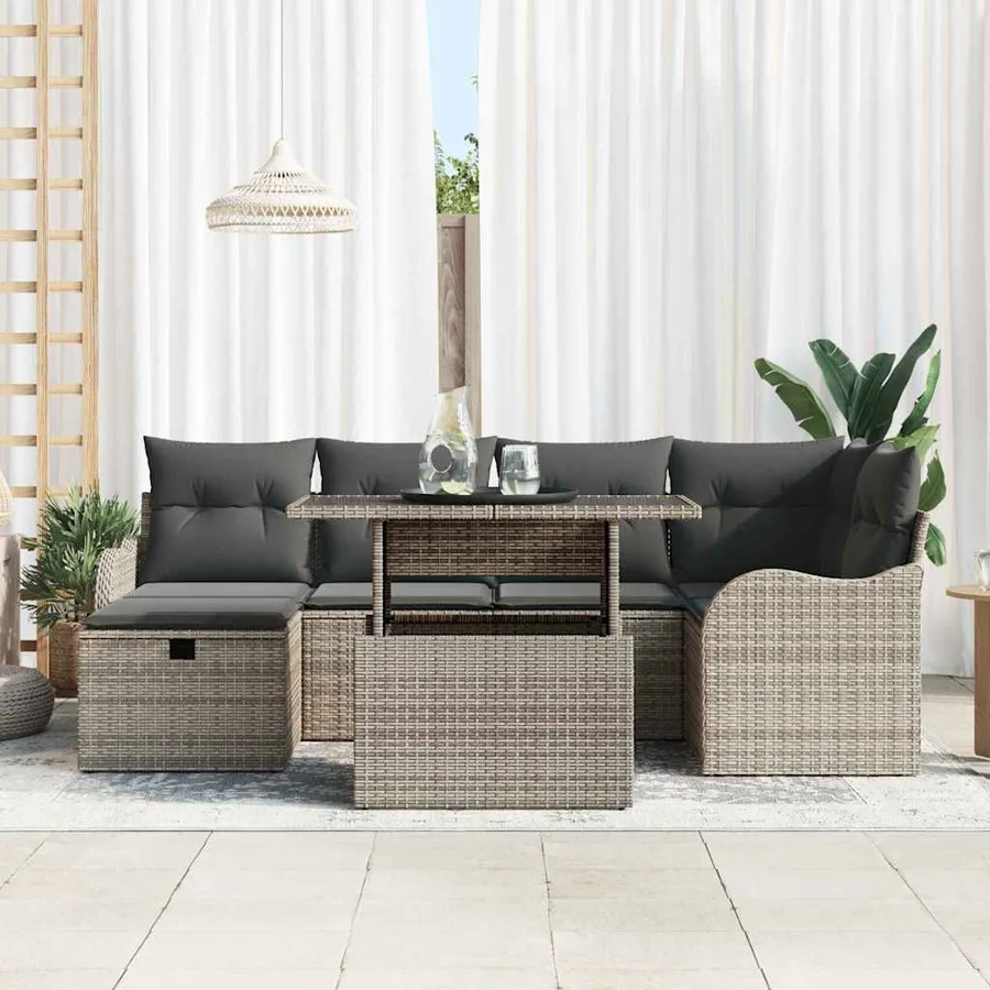 Ensemble de canapé de jardin avec coussin 7 pcs Gris Poly rotin - 3