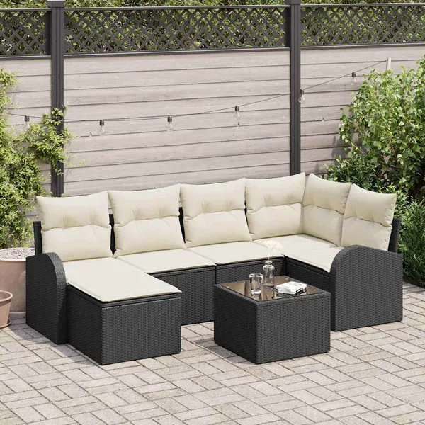 Ensemble de Canapés avec coussin 7 pcs Noir et Blanc polyrotin