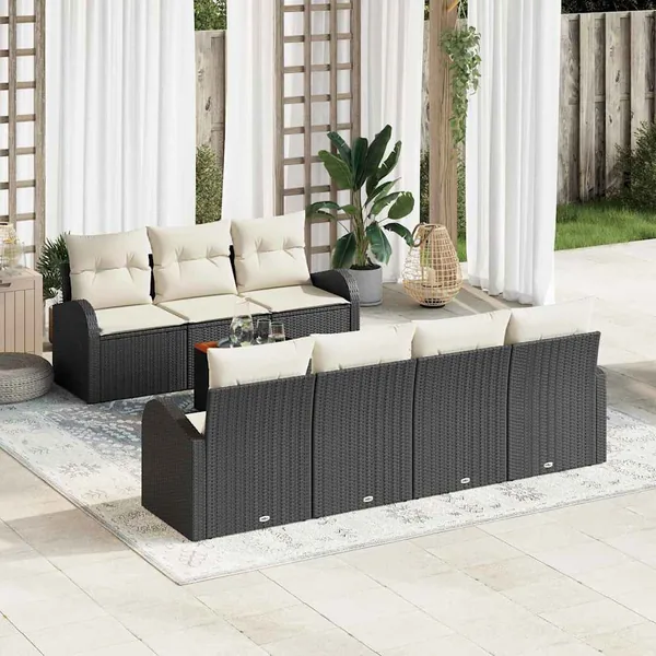 Ensemble de canapé de jardin 8 pcs Noir et Crème polyrotin