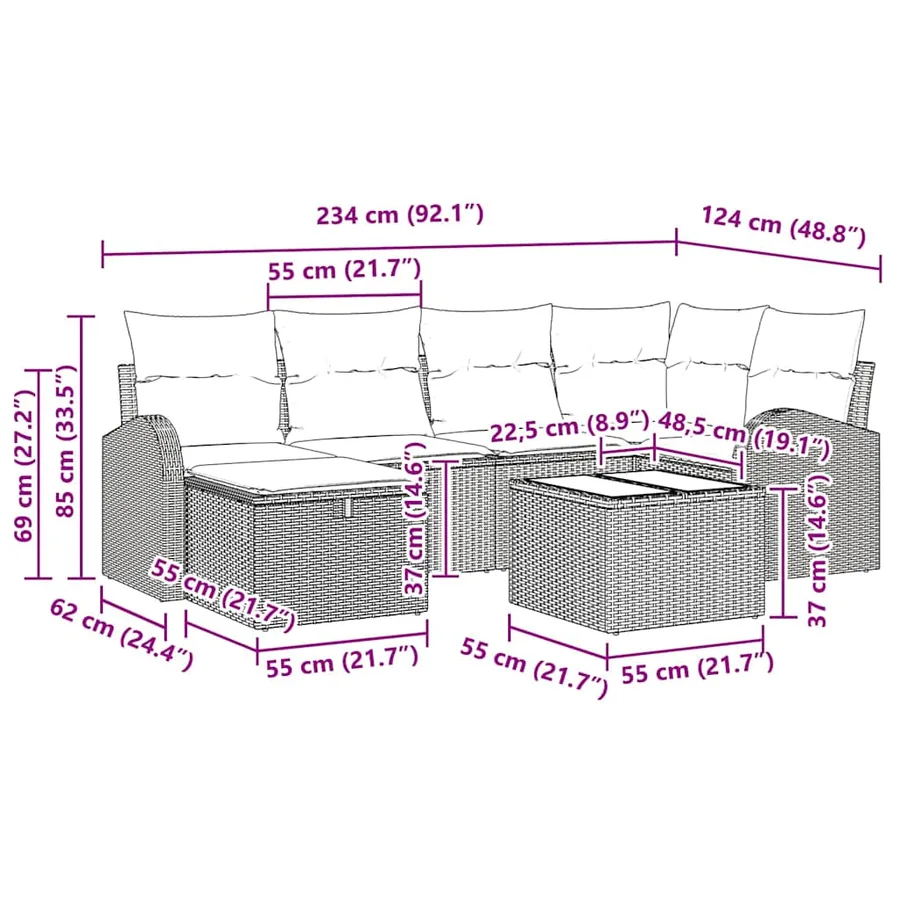 Ensemble de canapé de jardin avec coussin 7 pcs Noir Poly rotin - 15
