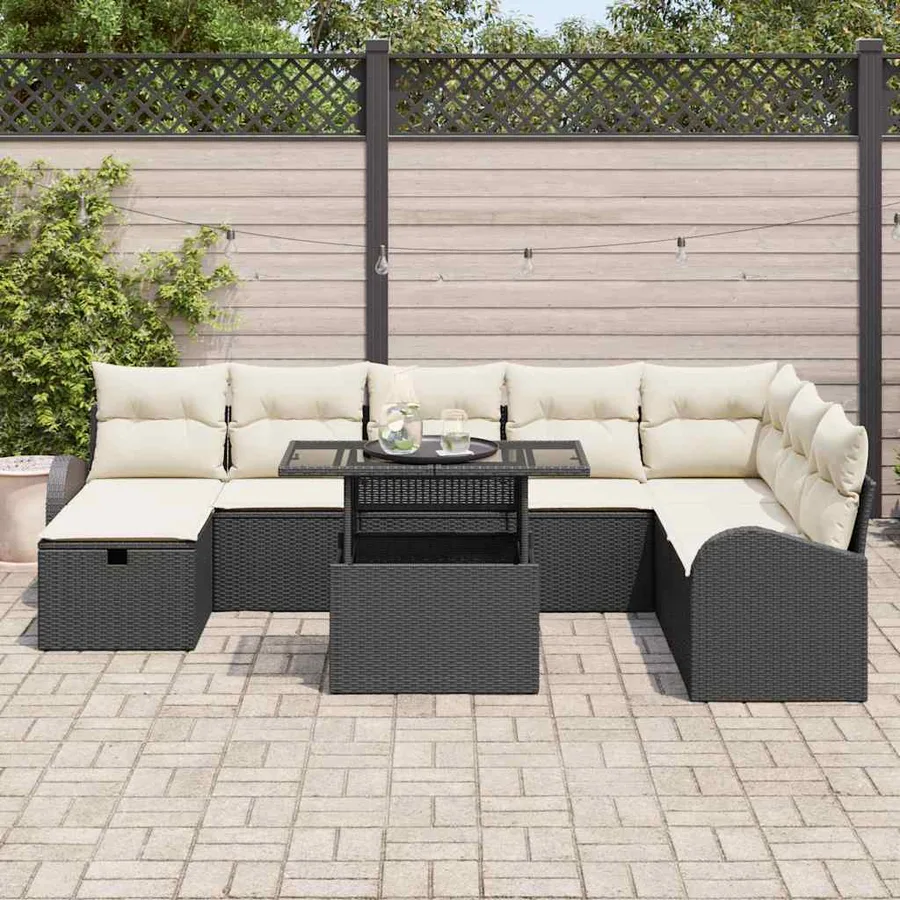 Ensemble de canapé de jardin avec coussin 9 pcs Noir Poly rotin - 3