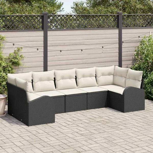 Ensemble de canapé de jardin 7 pcs Noir et Blanc polyrotin