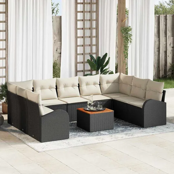Ensemble de canapé de jardin 10 pcs Noir et Crème polyrotin