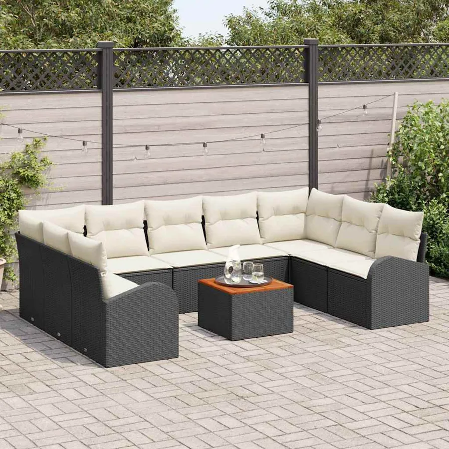 Ensemble de canapé de jardin 10 pcs Noir et Crème polyrotin - 3