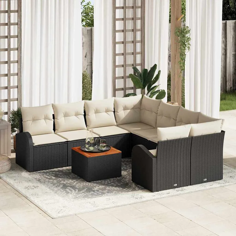 Ensemble de canapé de jardin 9 pcs Noir et Crème polyrotin