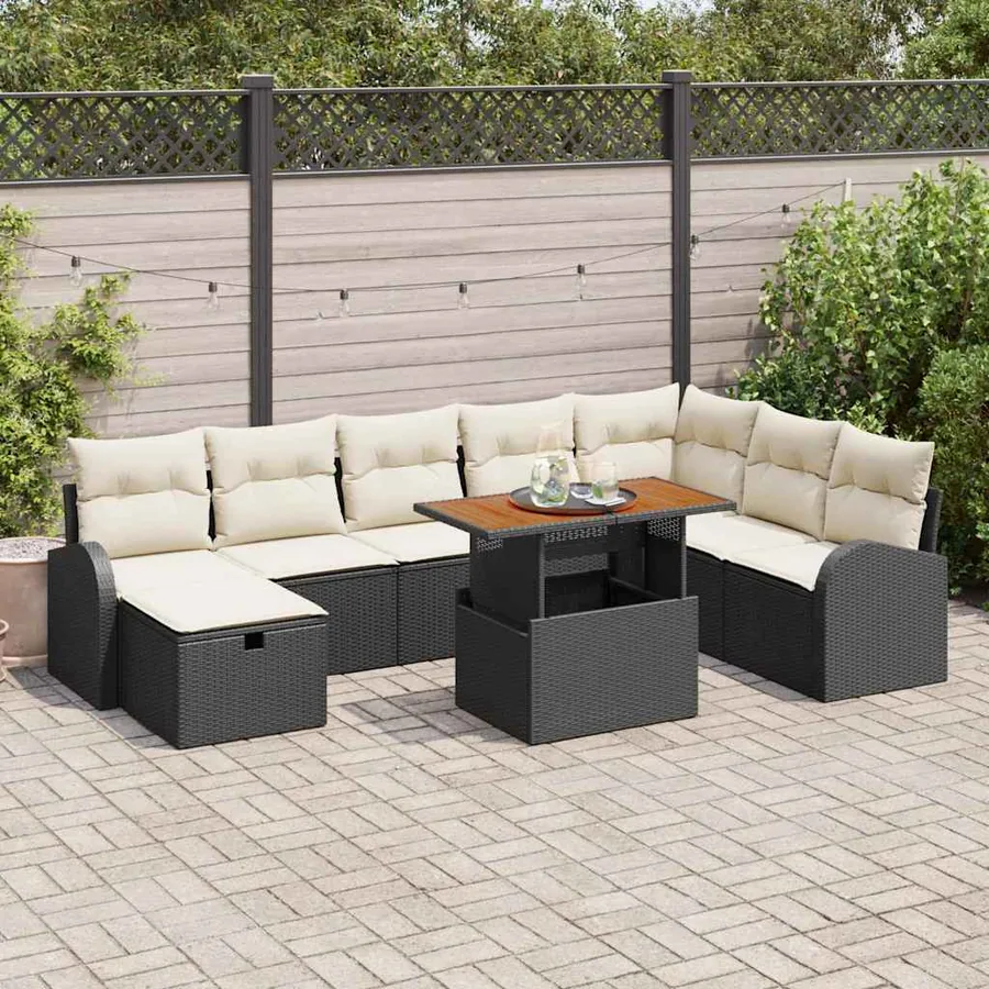 Ensemble de canapé de jardin avec coussin 9 pcs Noir polyrotin