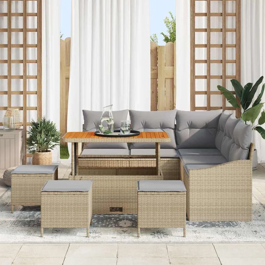 Ensemble de canapé de jardin avec coussin 9 pcs Beige polyrotin - 3