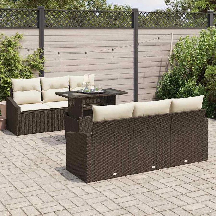 Ensemble de canapé de jardin 7 pcs Marron et Crème polyrotin - 3