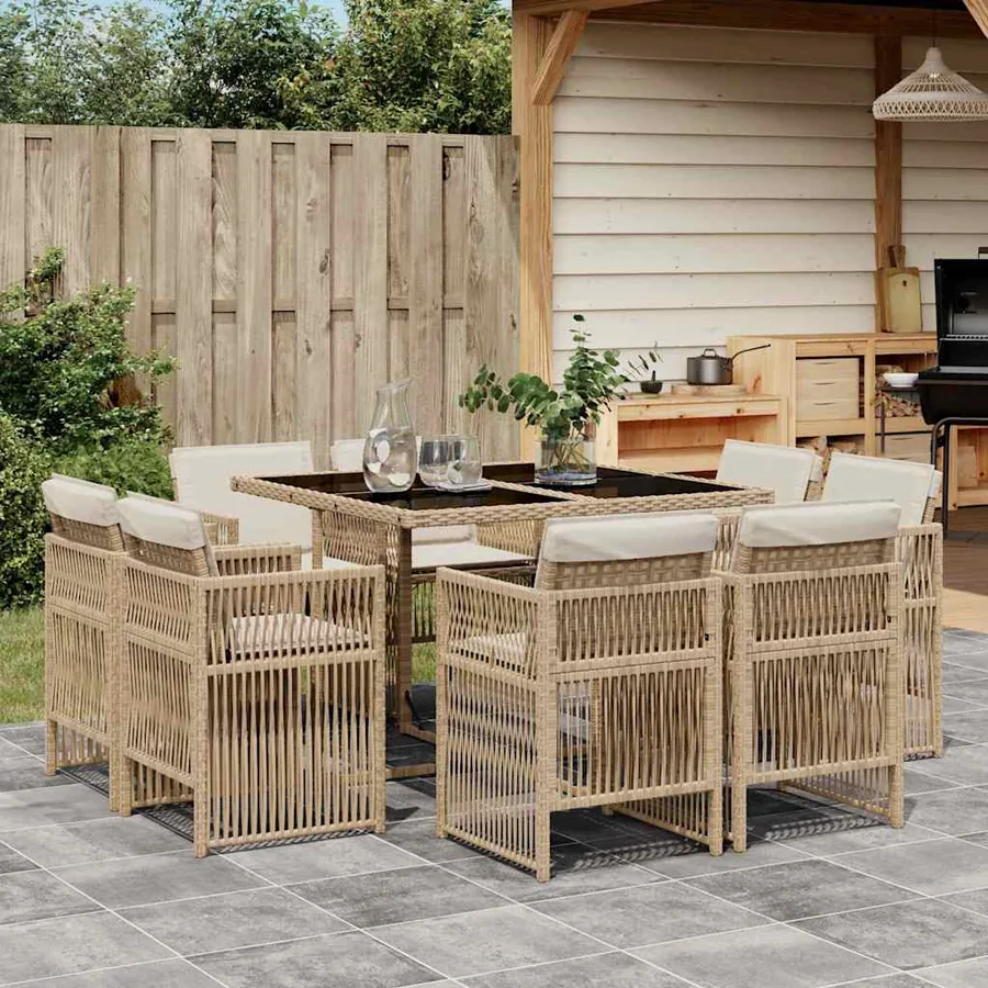 Ensemble à manger de jardin et coussins 9 pcs beige Poly rotin