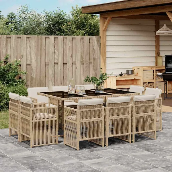 Ensemble à manger de jardin et coussins 11 pcs beige poly rotin