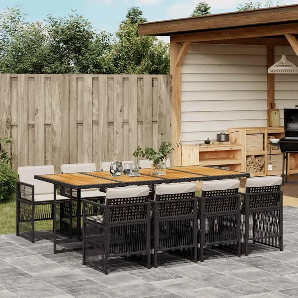 Ensemble à manger de jardin 9pcs coussins noir résine tressée