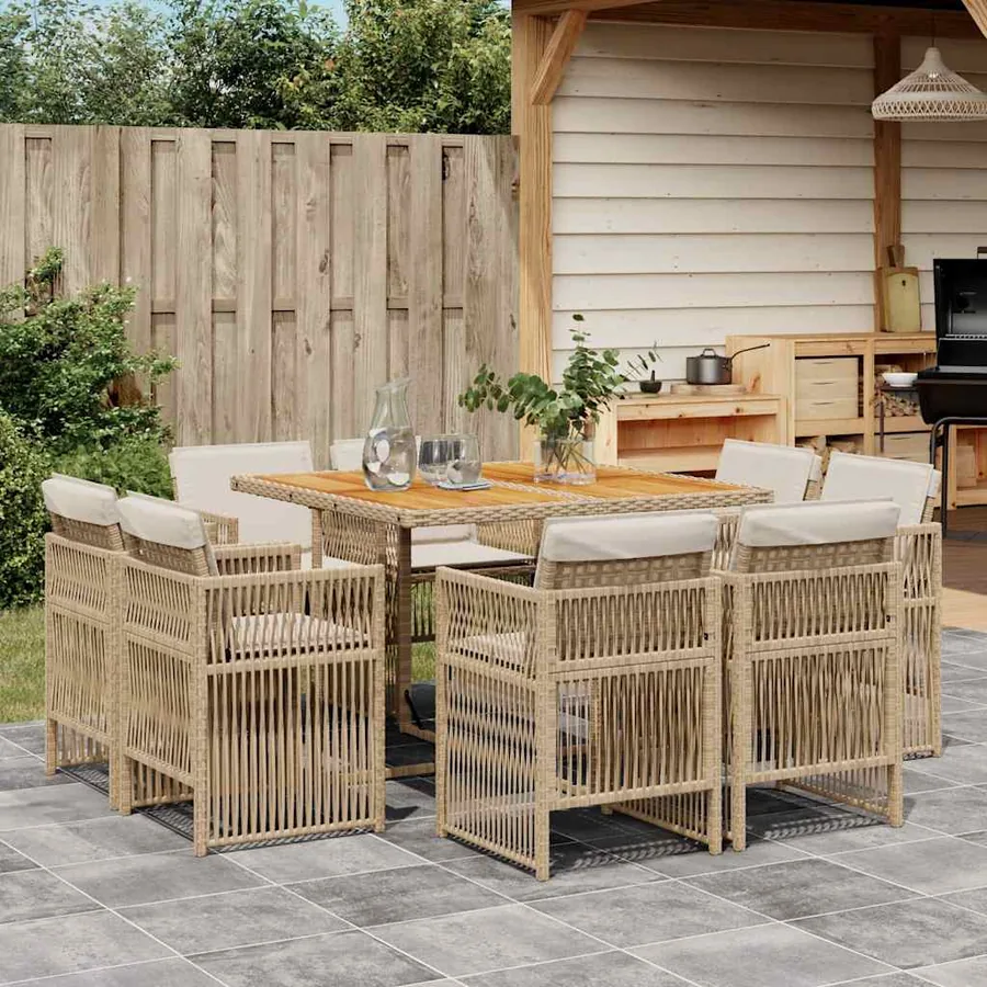 Ensemble à manger de jardin et coussins 9 pcs beige Poly rotin