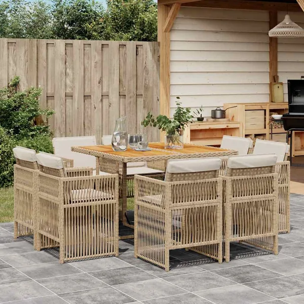 Ensemble à manger de jardin et coussins 9 pcs beige Poly rotin