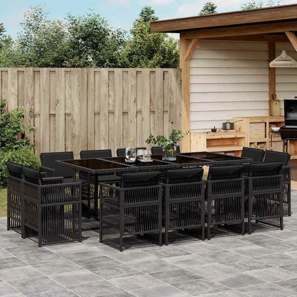 Ensemble à manger de jardin 13 pcs coussins noir résine tressée