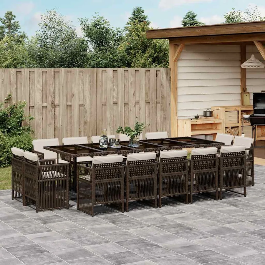 Ensemble à manger de jardin avec coussins 15 pcs marron rotin
