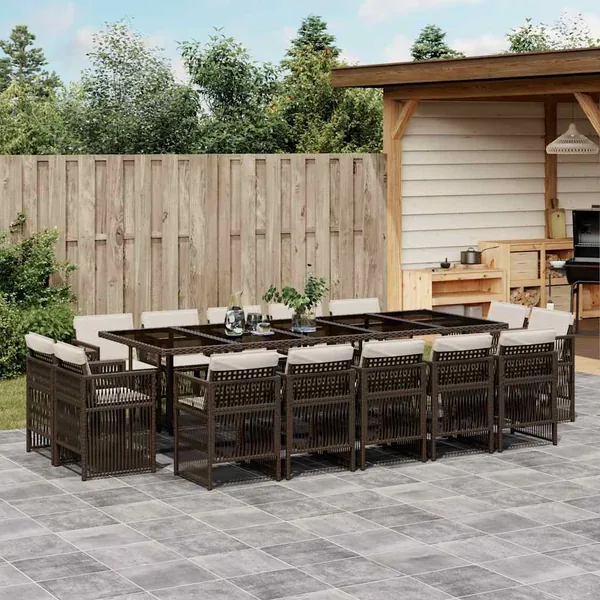 Ensemble à manger de jardin avec coussins 15 pcs marron rotin