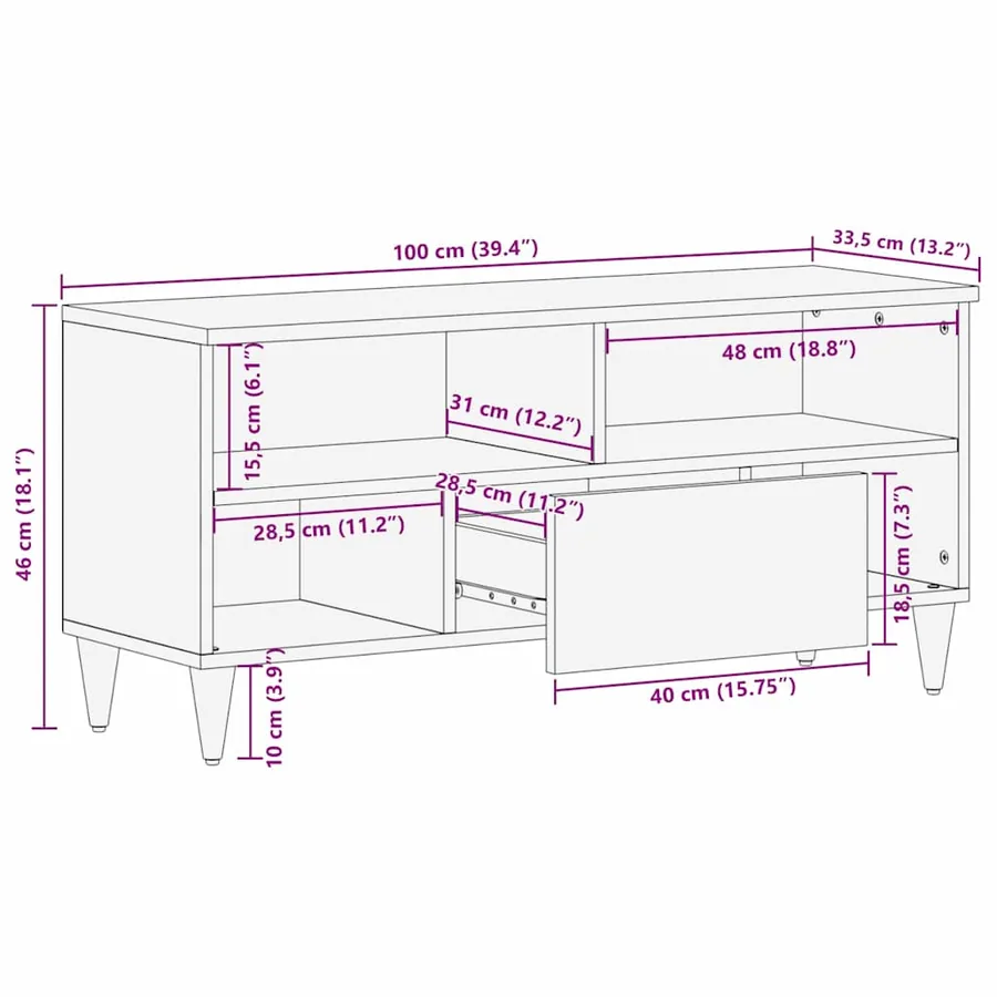 Meuble TV Marron 100 x 33,5 x 46 cm Bois de mangue massif - 11