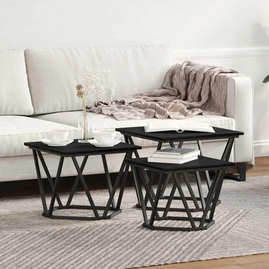 Table basse 3 pcs Chêne noir Bois d'ingénierie et acier