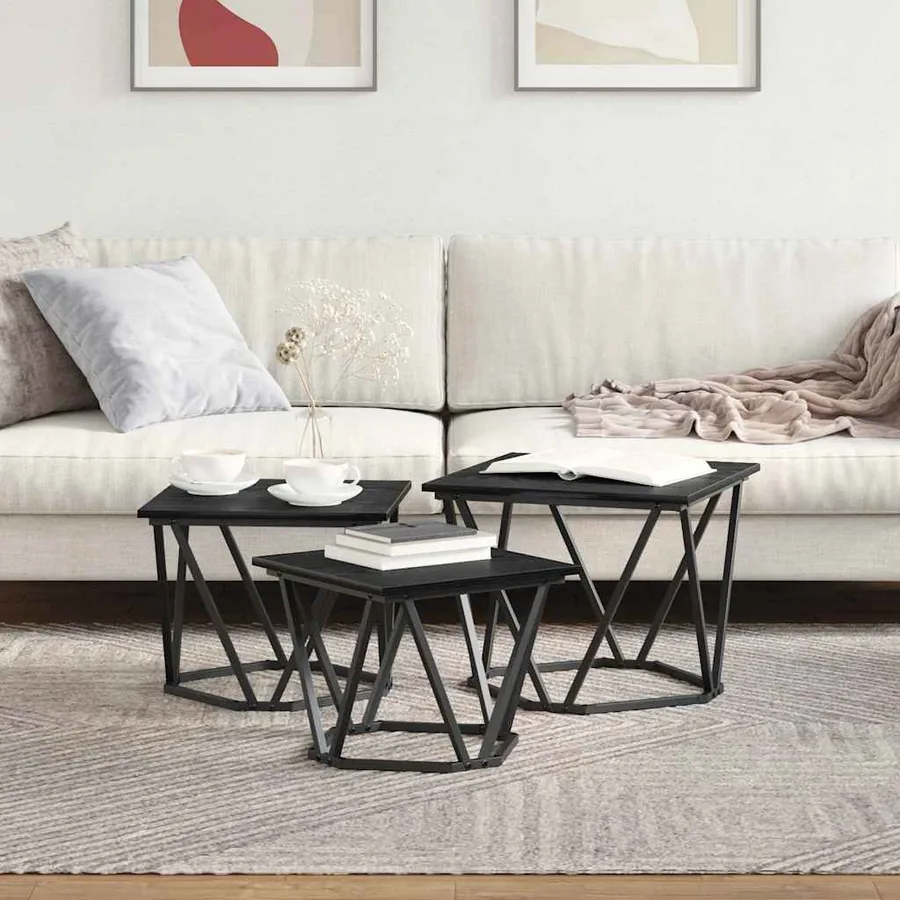 Table basse 3 pcs Chêne noir Bois d'ingénierie et acier - 4