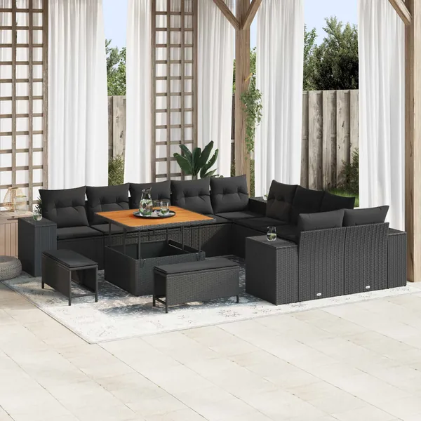 Ensemble de canapé de jardin avec coussin 13 pcs Noir polyrotin