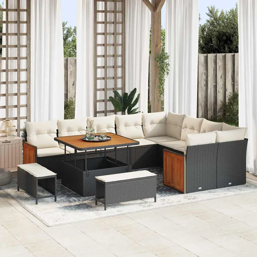Ensemble de canapé de jardin 13 pcs Noir et Crème polyrotin