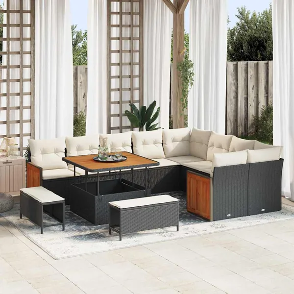 Ensemble de canapé de jardin 13 pcs Noir et Crème polyrotin