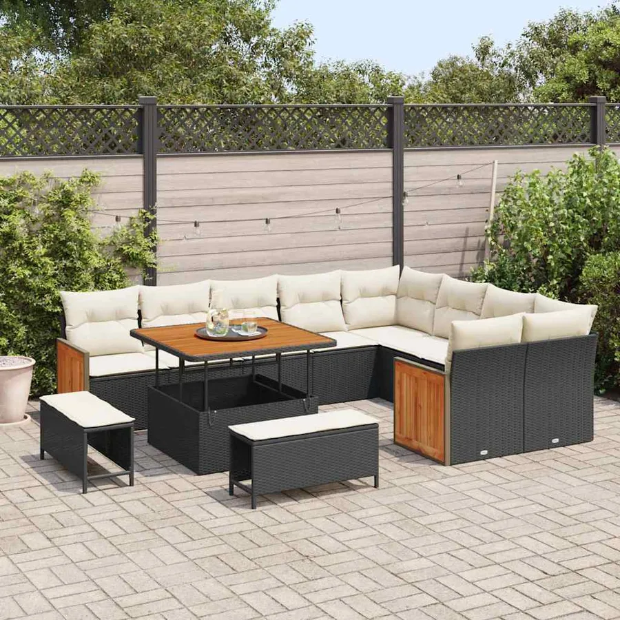 Ensemble de canapé de jardin 13 pcs Noir et Crème polyrotin - 3