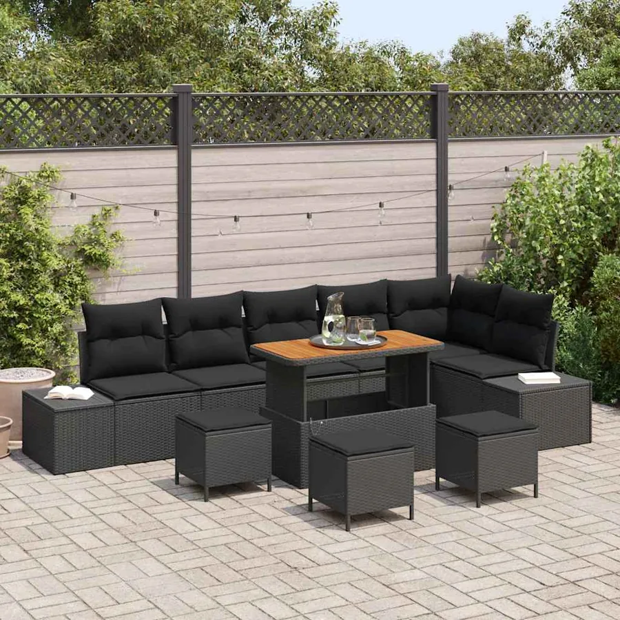 Ensemble de canapé de jardin avec coussin 10 pcs Noir polyrotin