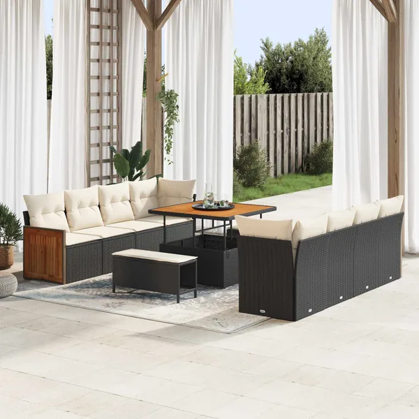 Ensemble de canapé de jardin avec coussin 11 pcs Noir et Crème
