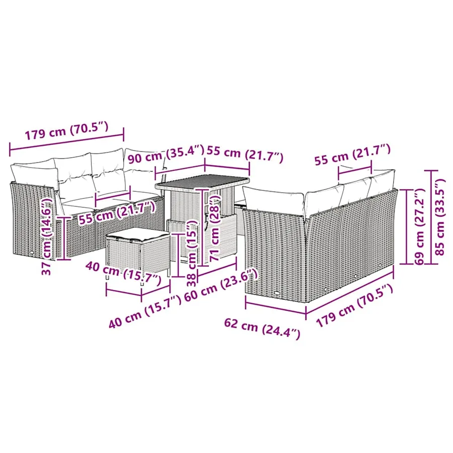 Ensemble de canapé de jardin 9 pcs Gris polyrotin - 9
