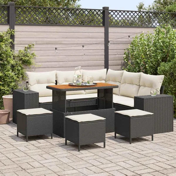 Ensemble de canapé de jardin 9 pcs Noir et Crème polyrotin