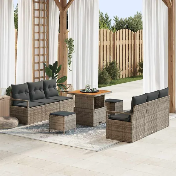 Ensemble de canapé de jardin 9 pcs Gris Poly rotin