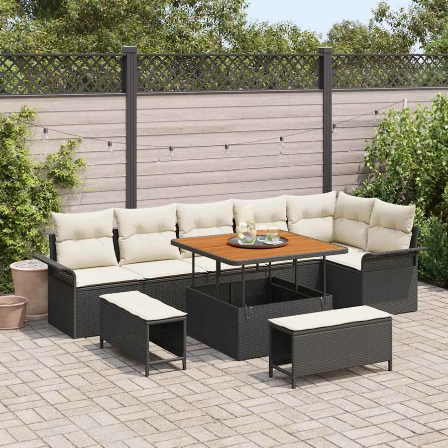 Ensemble de canapé de jardin avec coussin 9 pcs Noir polyrotin