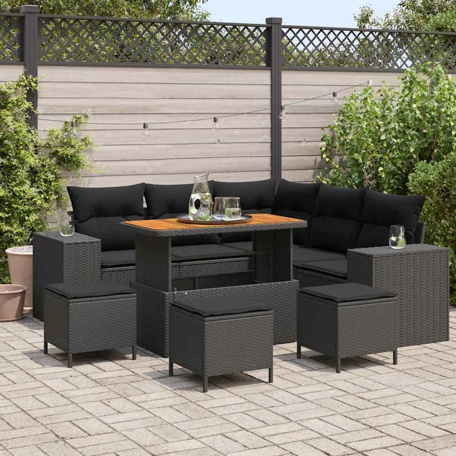 Ensemble de canapé de jardin avec coussin 9 pcs Noir polyrotin
