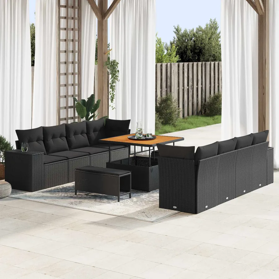 Ensemble de canapé de jardin avec coussin 11 pcs Noir polyrotin