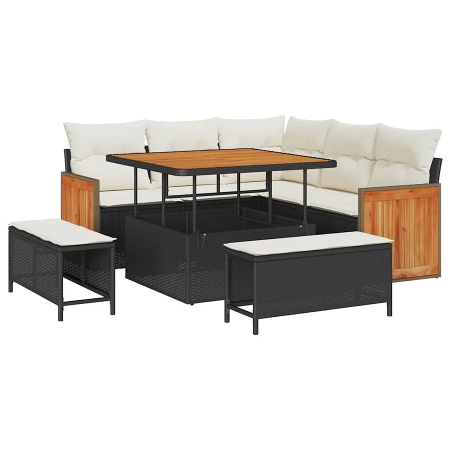 Ensemble de canapé de jardin 9 pcs Noir et Crème polyrotin - 2