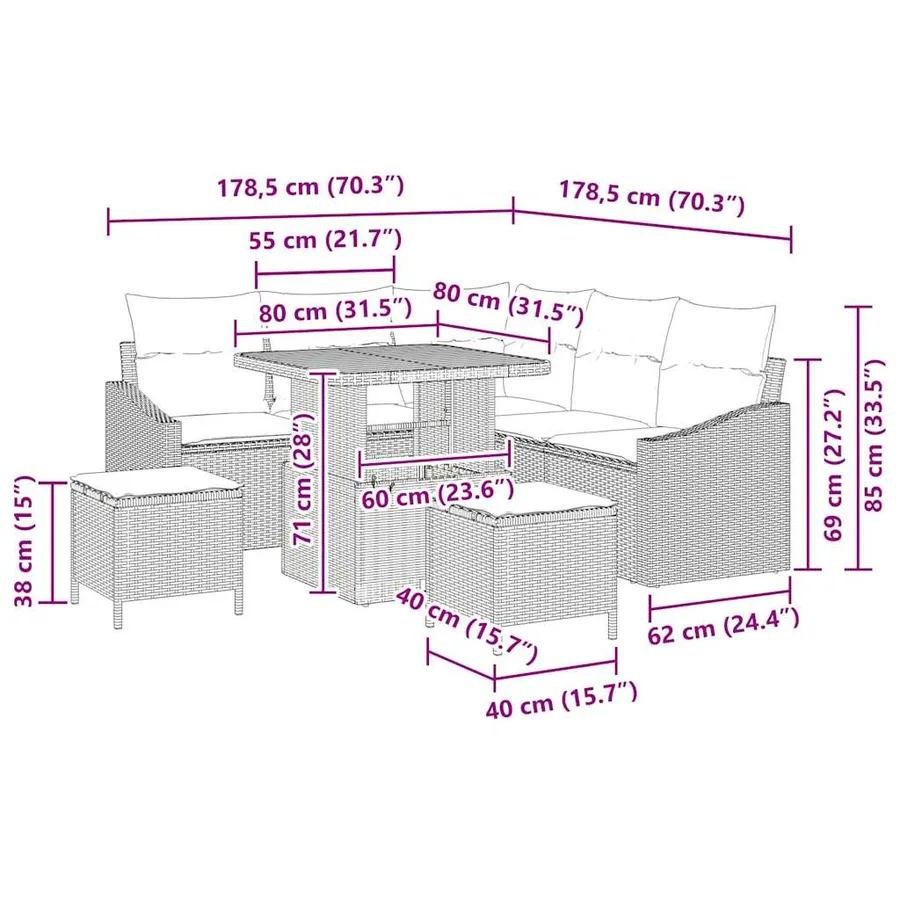 Ensemble de canapé de jardin avec coussin 8 pcs Gris Poly rotin - 8