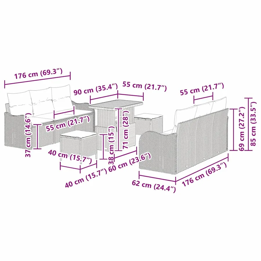 Ensemble de canapé de jardin avec coussin 9 pcs Beige polyrotin - 12