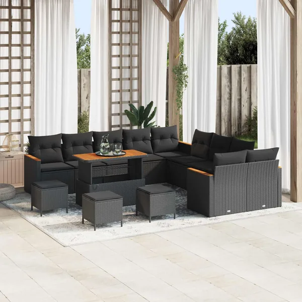 Ensemble de canapé de jardin avec coussin 14 pcs Noir polyrotin
