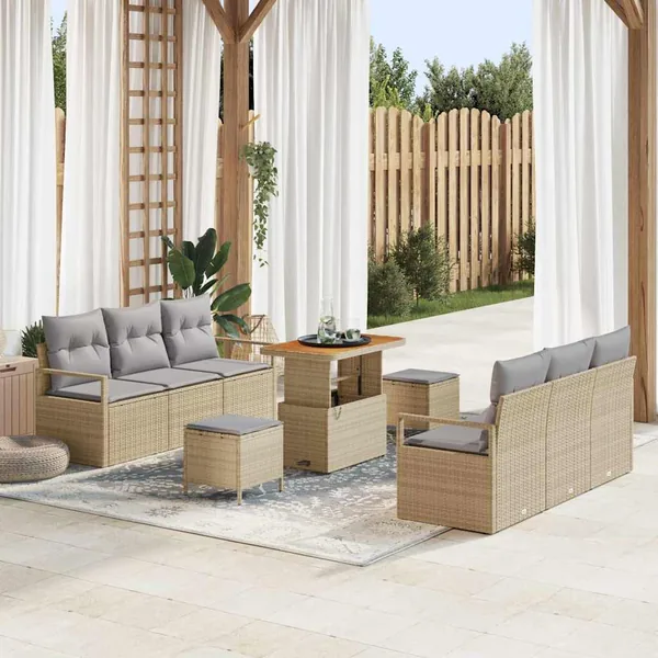Ensemble de canapé de jardin avec coussin 9 pcs Beige polyrotin