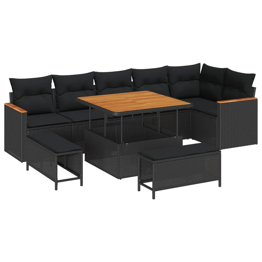 Ensemble de canapé de jardin avec coussin 9 pcs Noir Poly rotin - 2