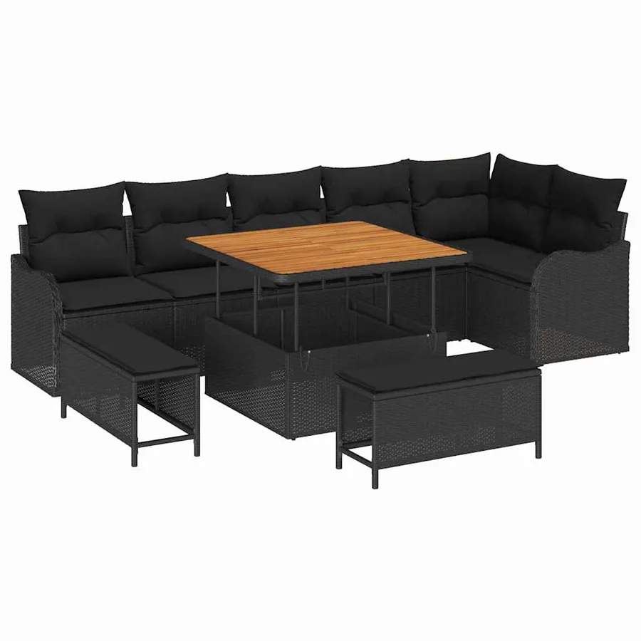Ensemble de canapé de jardin avec coussin 9 pcs Noir polyrotin - 2