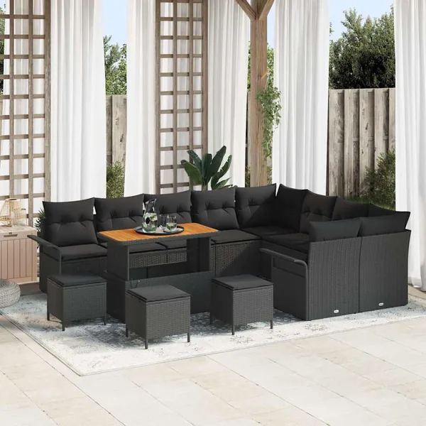 Ensemble de canapé de jardin avec coussin 13 pcs Noir polyrotin