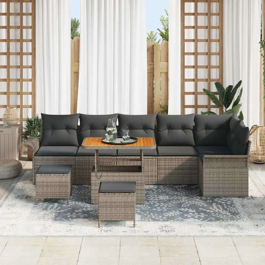 Ensemble de canapé de jardin avec coussin 9 pcs Gris polyrotin - 3