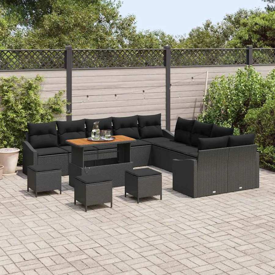 Ensemble de canapé de jardin avec coussin 14 pcs Noir polyrotin - 3