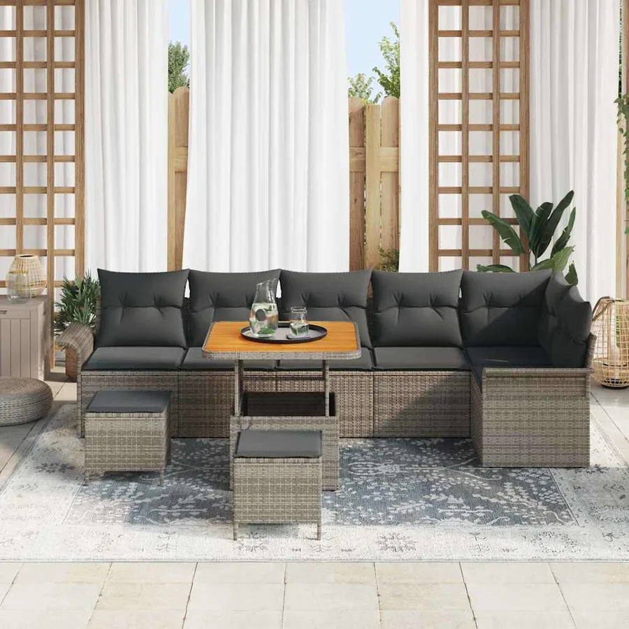 Ensemble de canapé de jardin avec coussin 9 pcs Gris polyrotin - 3
